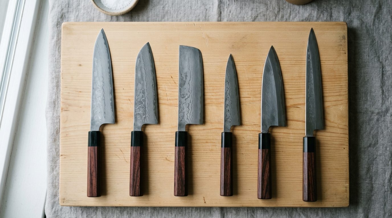 Типы японских кухонных ножей разложены на разделочной доске